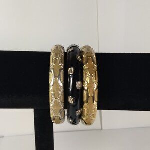 Rhinstone Enamel Hinged Bracelet Set 3 Cream Black Silver Tone Old Money Luxury